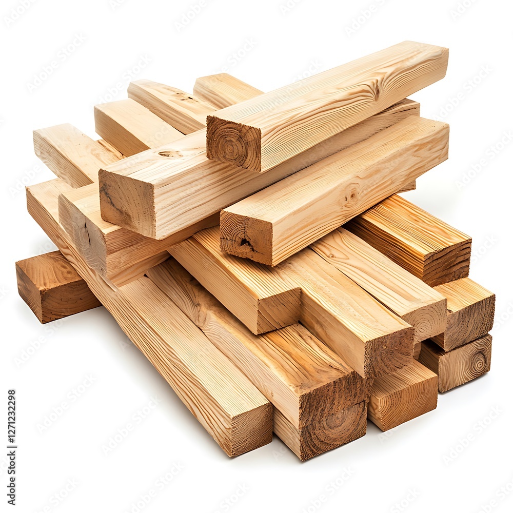 A pile of wooden blocks with a light brown color, isolated on a white background.