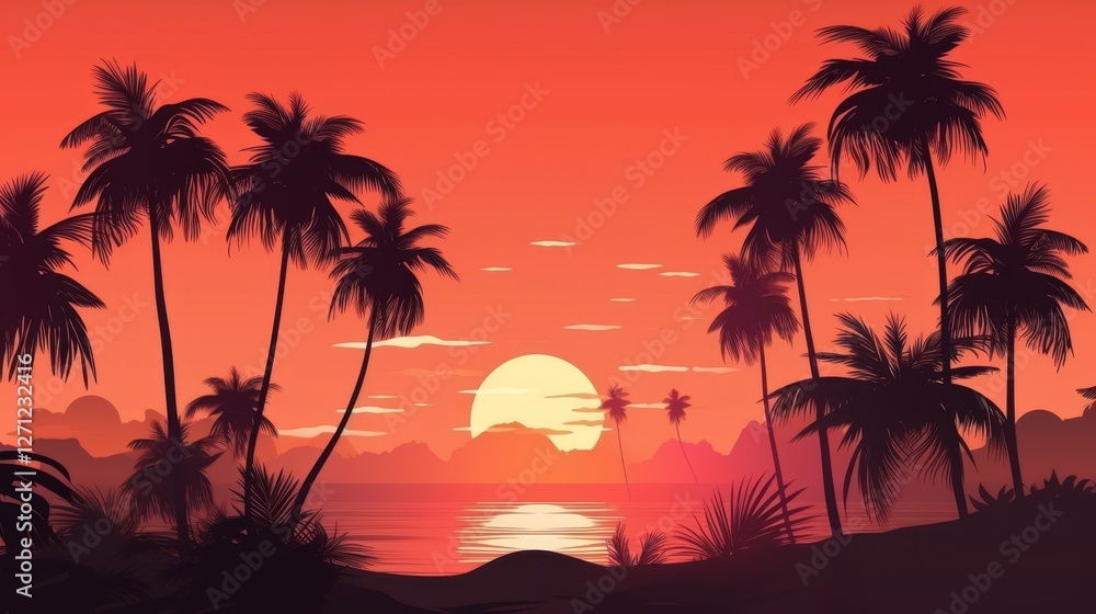 Tropical Sunset Scene with Silhouetted Palm Trees and Ocean View Tropical Sunset Scene with Silhouetted Palm Trees and Ocean View