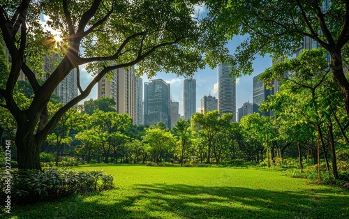 A city park with skyscrapers in the background