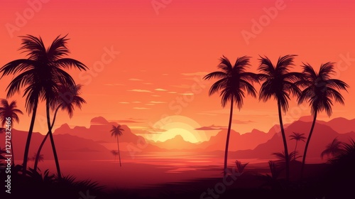 Serene Sunset Over Tropical Beach with Palm Trees and Mountains