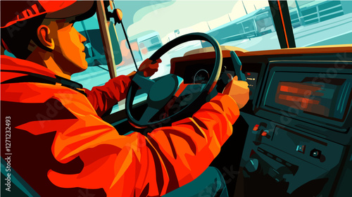 Illustration of a truck driver. Trucker. Man behind the wheel. Driver.