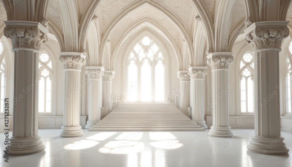 Majestic bright hall with arches, staircase, marble columns in classic baroque gothic style. Architectural detail. Old castle gallery for wedding venue, museum interior or luxury palace background. Majestic bright hall with arches, staircase, marble columns in classic baroque gothic style. Architectural detail. Old castle gallery for wedding venue, museum interior or luxury palace background.