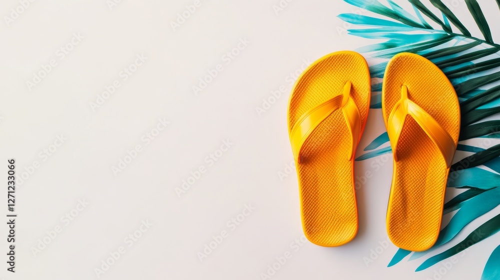 Fototapeta premium Bright Yellow Flip-Flops with Tropical Green Palm Leaves on a White Background