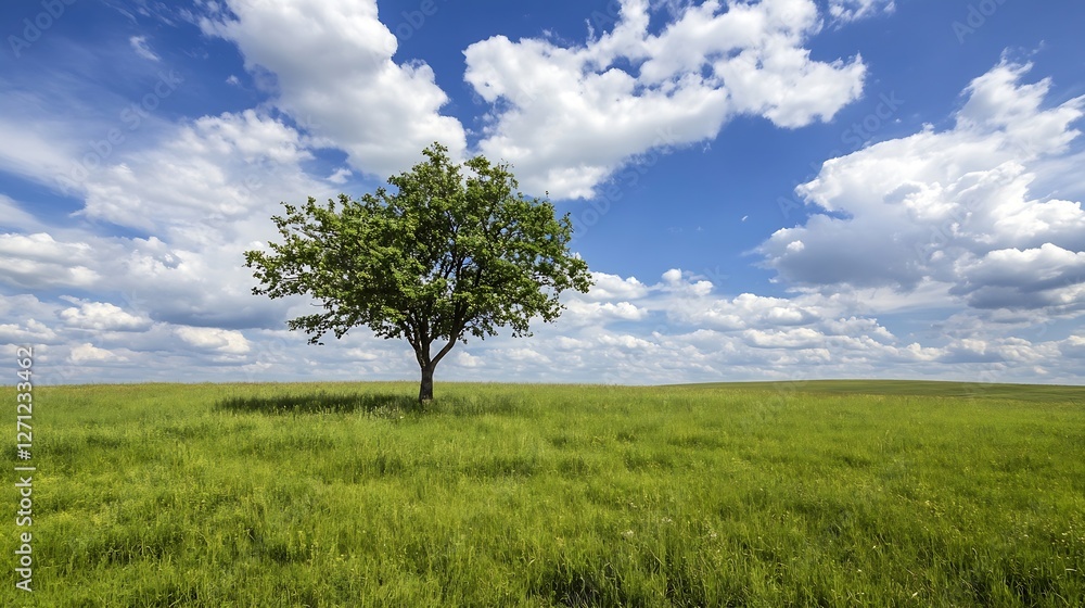 Fototapeta premium A picturesque solitary tree standing tall on a grassy field under a vibrant blue sky with fluffy clouds : Generative AI