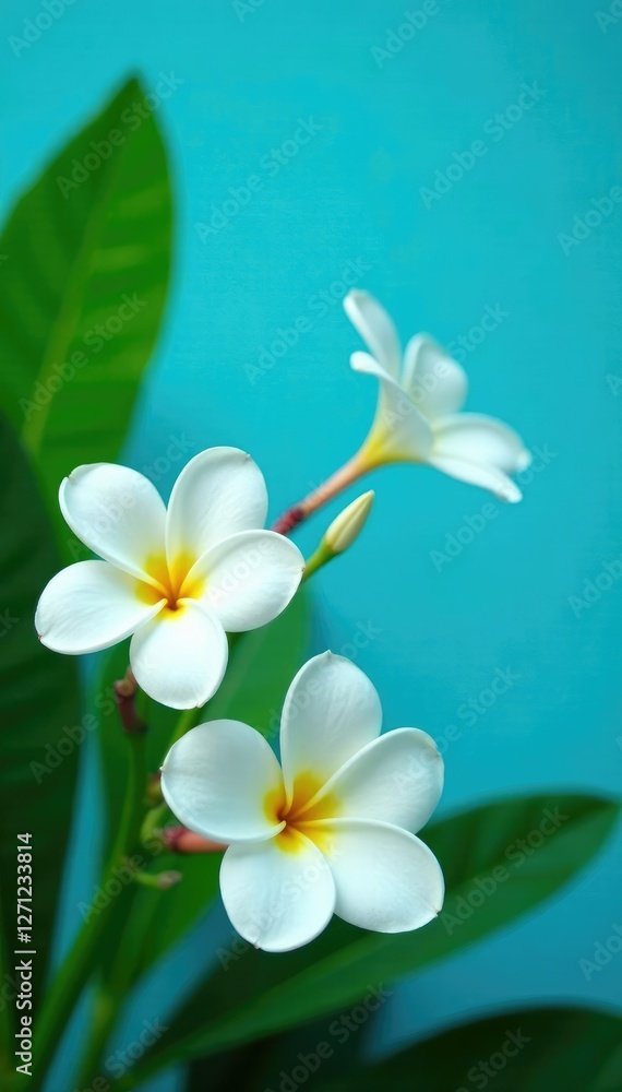 Fototapeta premium White plumeria flowers against a bright blue background with lush green leaves, blue background, garden flowers