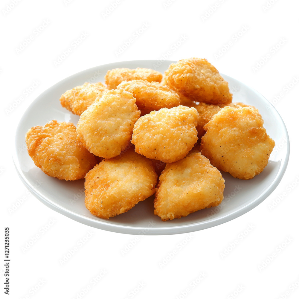 Crispy golden chicken nuggets served on white plate, perfect for snacking or meals. Enjoy delicious taste and satisfying crunch of these bite sized treats Crispy golden chicken nuggets served on white plate, perfect for snacking or meals. Enjoy delicious taste and satisfying crunch of these bite sized treats