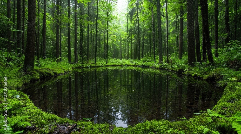 Fototapeta premium Tranquil forest pool, reflecting trees, serene nature