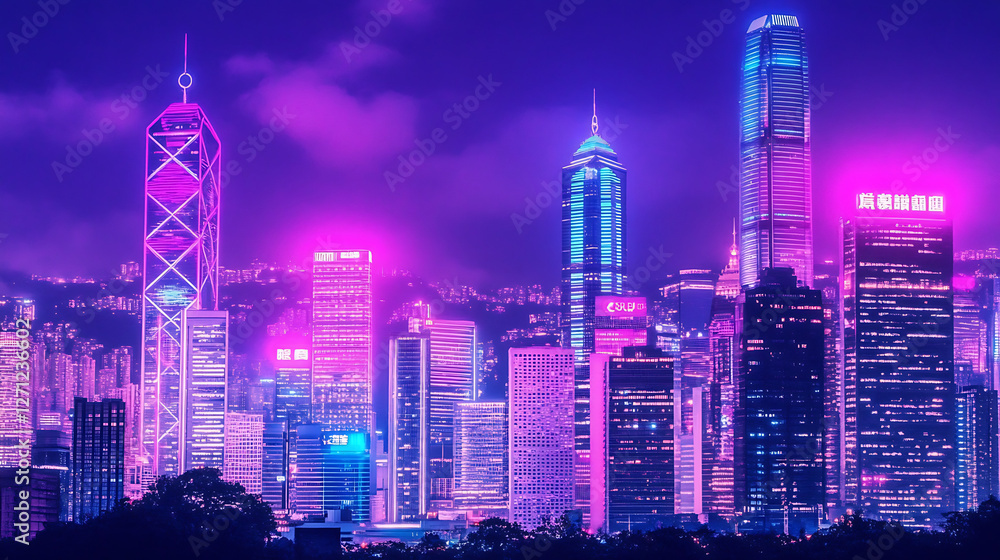 Fototapeta premium Illuminated Urban Skyline at Night with Vibrant Pink and Blue Hues in a Futuristic Style