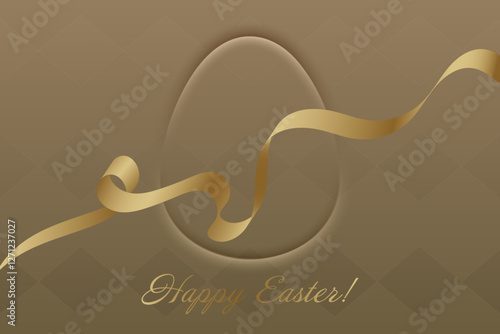 Easter Blessings. A graceful gold ribbon curves soft beige Easter background, enhancing the composition with festive charm. Classic holiday greeting, representing spirituality, blessings, tradition