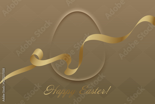 Easter Celebration. A golden ribbon frames a soft beige background, adding warmth to this stylish greeting card. A refined holiday design capturing Easter spirit, Christian traditions, renewal