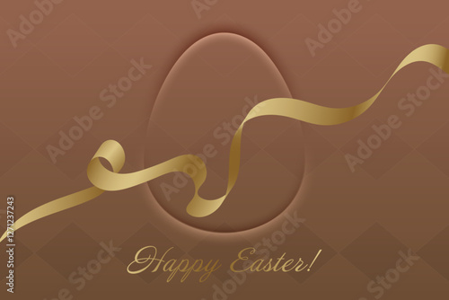 Happy Easter. Golden ribbon on brown background, festive greeting card, spring holiday, Christian tradition, resurrection, spirituality, blessing, faith, renewal, joy.