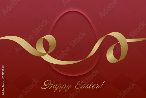 Easter Celebration. Elegant Easter greeting, golden ribbon, rich red background, Christian holiday, sacred festival, rebirth, spirituality, faith, peace, religious joy.