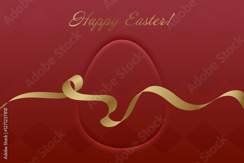 Christian Holiday. Easter greeting card, golden ribbon, traditional red background, holy celebration, faith, church tradition, resurrection, peace, family, spiritual warmth.