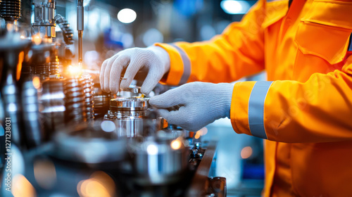 Close up of engineer in orange uniform inspecting machinery components with precision and care