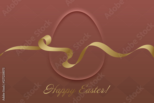 Christian Holiday. Easter greeting card, golden ribbon, deep red background, religious tradition, resurrection of Christ, faith, spiritual awakening, church gathering, peace.