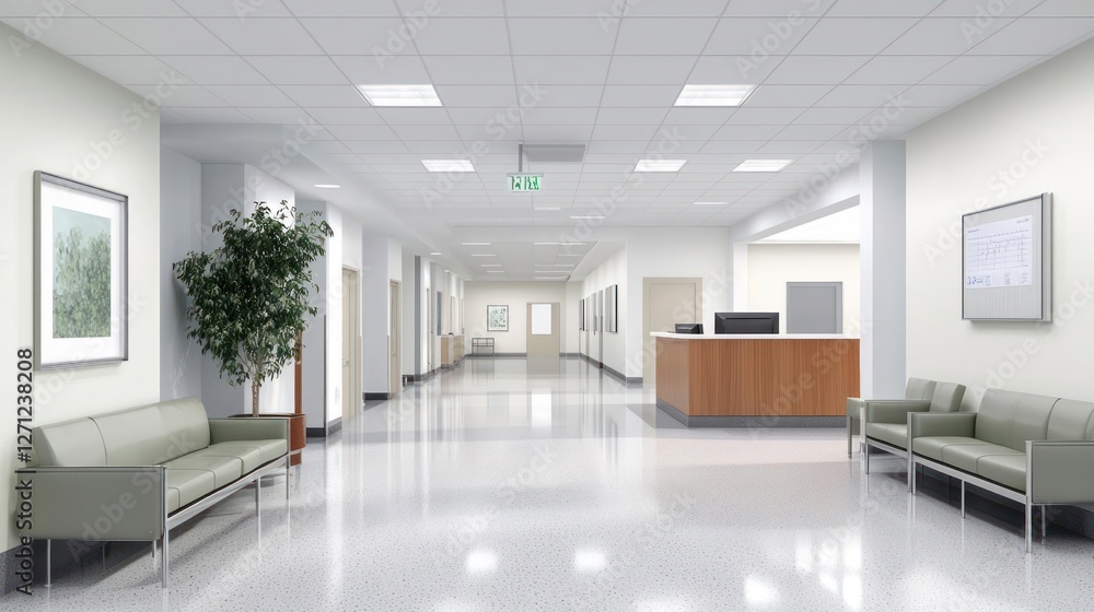 Fototapeta premium Modern Hospital Hallway with Clean White Walls and Speckled Floor