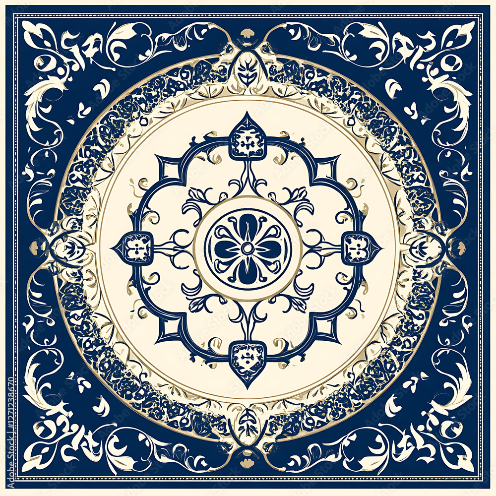 Intricate Ornamental Design with Floral Motif Square Tile Navy and Beige Color Palette