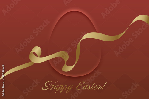Joyful Easter. Festive design, golden ribbon on deep red background, Christian holiday, resurrection, faith, prayer, renewal, divine blessing, church, peace, devotion.