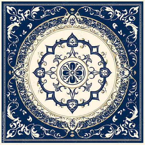 Obraz na płótnie Intricate Ornamental Design with Floral Motif Square Tile Navy and Beige Color Palette w salonie
