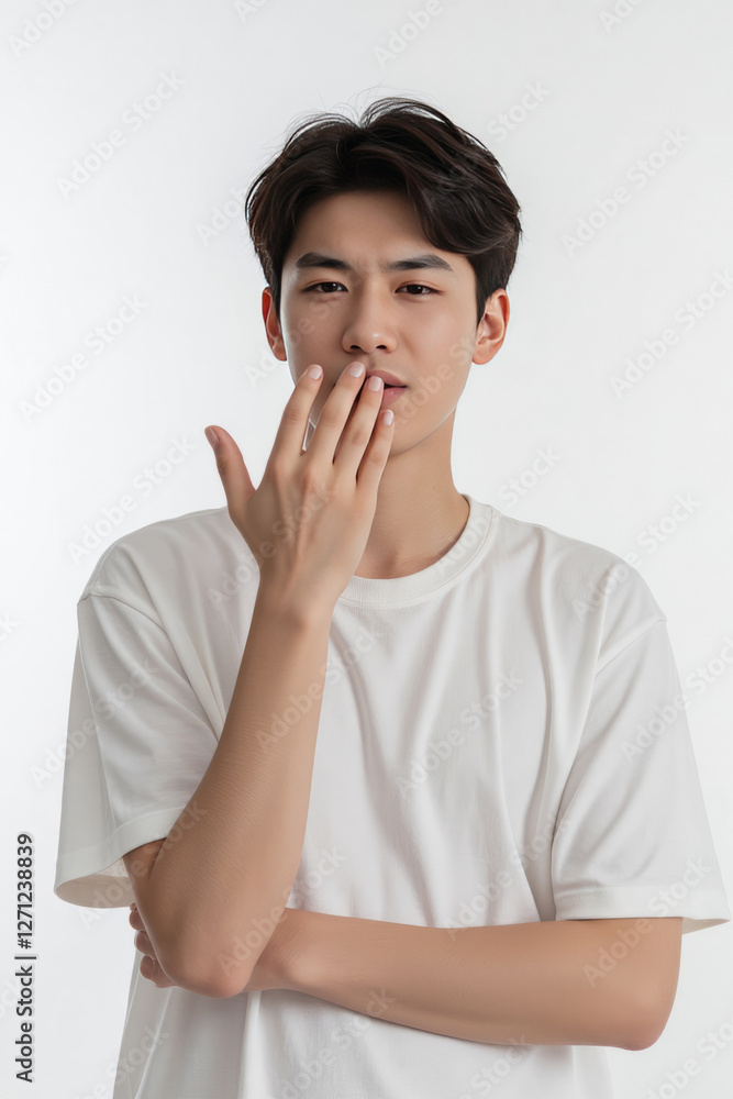 An asian man, light skin, 24 years old, black hair, with a white t-shirt in a white background An asian man, light skin, 24 years old, black hair, with a white t-shirt in a white background