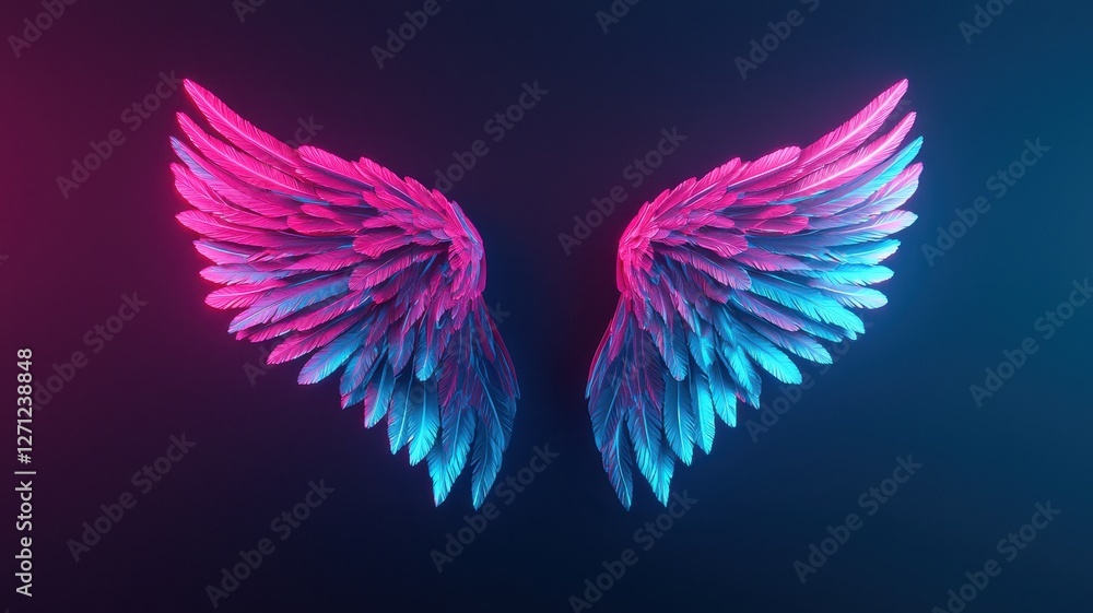 Obraz premium Neon Pink and Blue Angel Wings Fantasy Feathers Abstract Art 3D Render