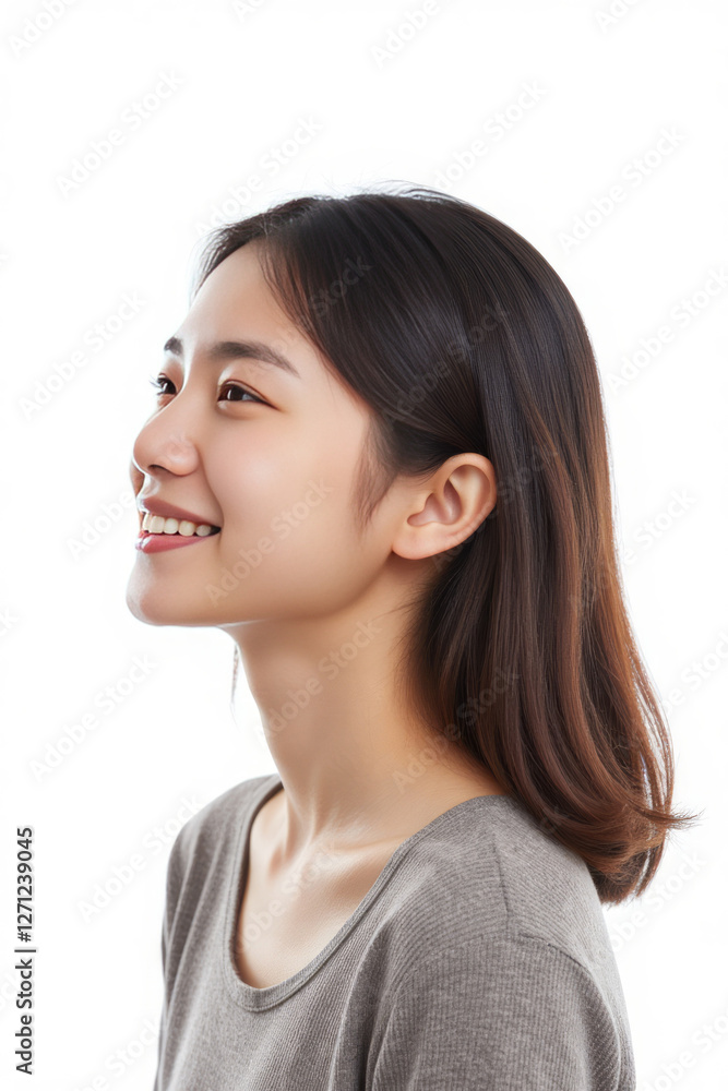 Profile shot view of young happy Asian teenage girl smiling, isolated on a white background Profile shot view of young happy Asian teenage girl smiling, isolated on a white background