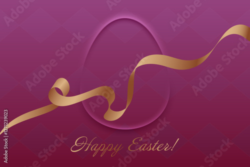 Joyful Easter. Festive design, golden ribbon on pinkish-purple background, Christian holiday, resurrection, faith, prayer, renewal, divine blessing, church, peace, devotion.