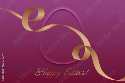 Easter Celebration. Elegant Easter greeting, golden ribbon, deep purple tones, sacred holiday, Christs resurrection, faith, church tradition, blessing, devotion, springtime joy, spiritual warmth.