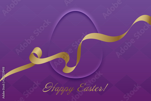 Christian Holiday. Easter greeting card, golden ribbon, warm purple background, religious tradition, resurrection of Christ, faith, spiritual awakening, church celebration, devotion, peace.