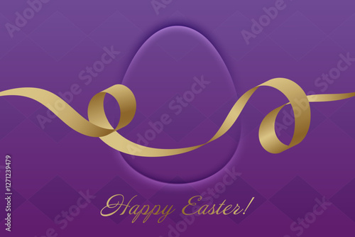 Glorious Easter. Festive Easter card, golden ribbon, deep purple tones, religious holiday, resurrection, faith, divine blessings, spiritual renewal, church service, peace.