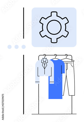 Clothing rack with shirts and pants, gear icon above indicating automation or settings. Ideal for tech integration, retail management, fashion automation, inventory tracking, AI wardrobes, e-commerce