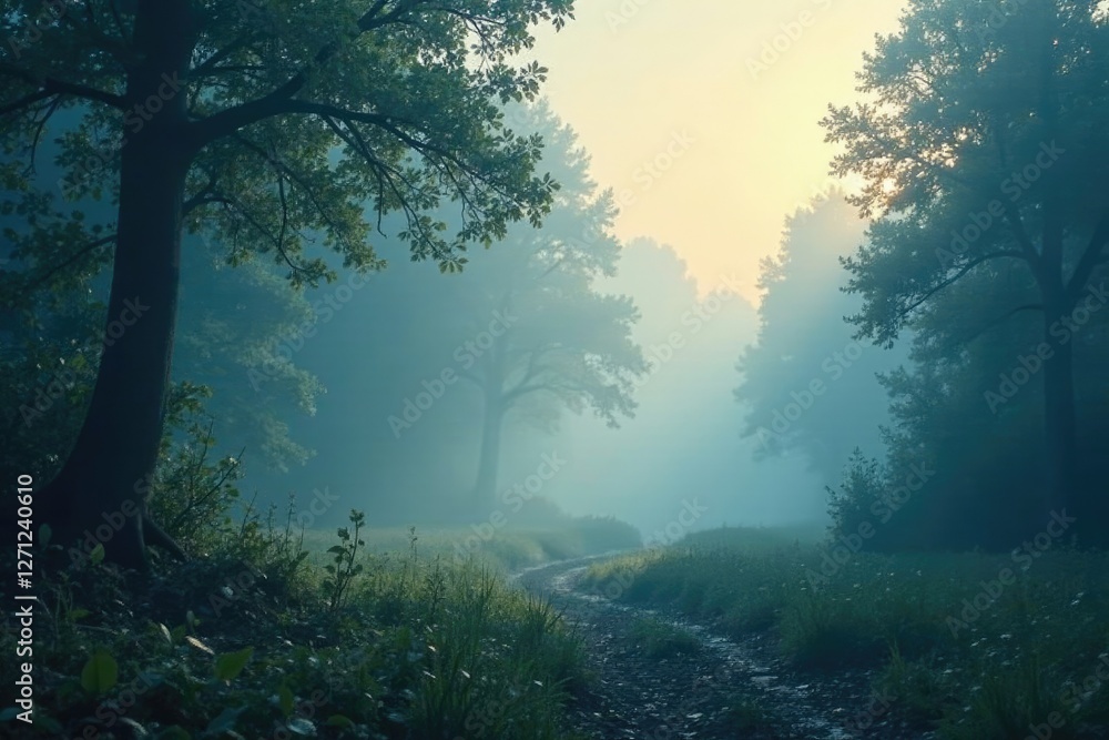 Obraz premium Ethereal mist ascends softly darkening surroundings, gentle drift, shimmering veil
