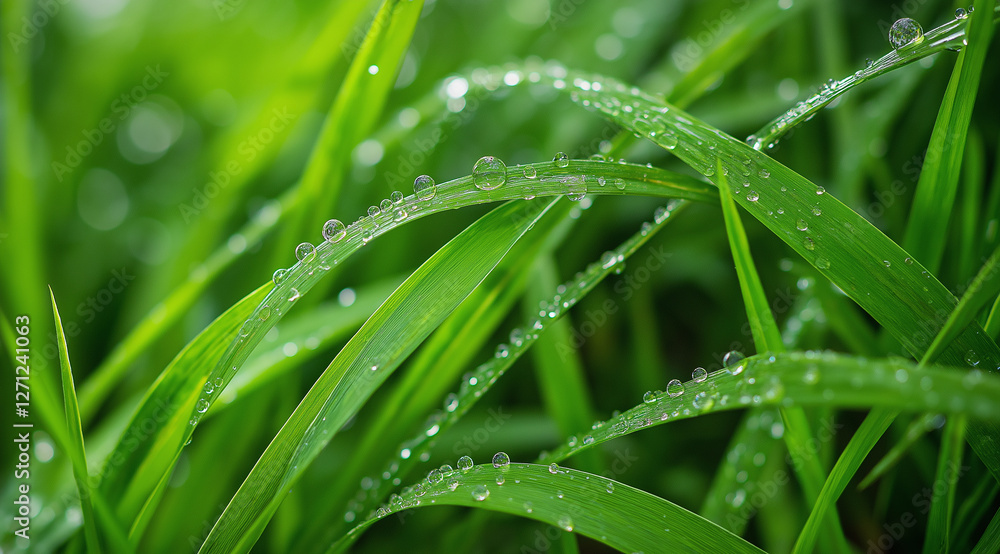 아침에 이슬을 달고 있는 초록색 풀잎.Green blades of grass with dew in the morning. 아침에 이슬을 달고 있는 초록색 풀잎.Green blades of grass with dew in the morning.