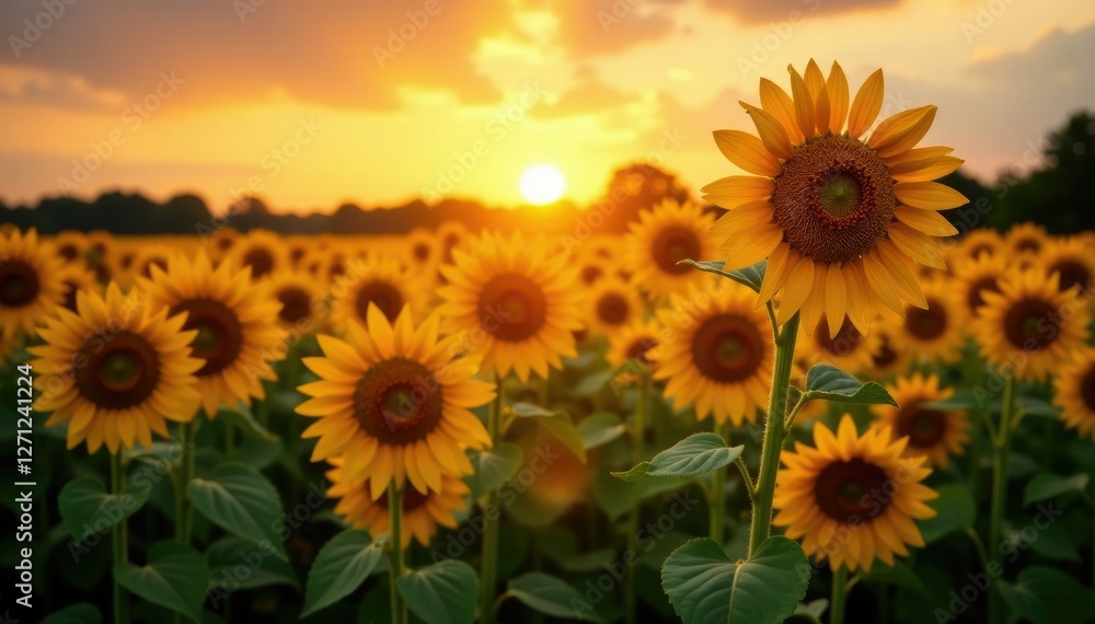 Fototapeta premium Evening sunlight casting long shadows on sunflower fields, nature, flowers, sunset