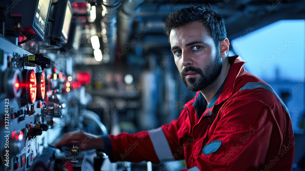 focused technician operates controls in offshore LNG terminal focused technician operates controls in offshore LNG terminal