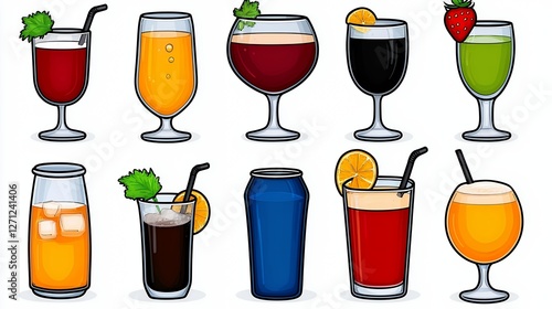 Assortment of Colorful Beverage Drinks with Garnishes and Straws on White Background photo