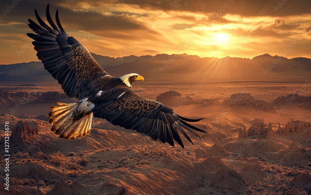 Fototapeta premium A majestic eagle soaring above a vast desert landscape
