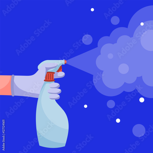 Sanitation spray. Gloved hand spraying disinfectant mist from a trigger bottle against a blue background. Used for cleaning, hygiene, and infection control.