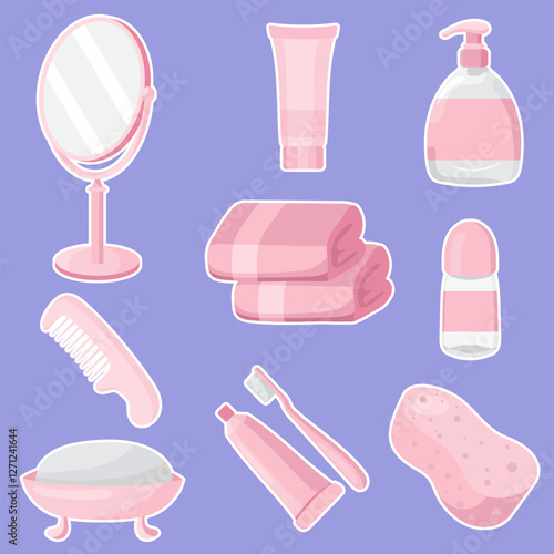 Hygiene essentials set icon. Bathroom accessories including a mirror, towels, soap, comb, toothbrush, toothpaste, deodorant, and liquid soap. Used for self-care and grooming.