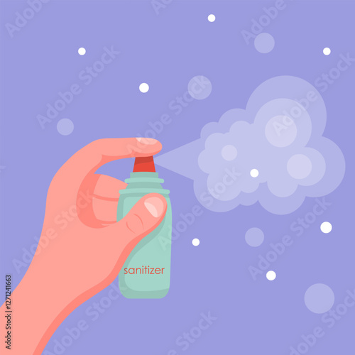 Hygiene sanitizer. Bare hand pressing a sanitizer bottle, spraying disinfectant mist against a light purple background. Used for personal hygiene, disinfection, and sterilization.