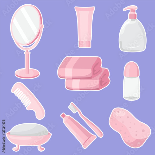 Hygiene accessories set icon. Mirror, towels, soap, comb, toothbrush, toothpaste, deodorant, liquid soap, and sponge. Essential items for personal care, grooming, and daily hygiene