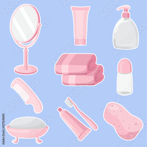 Personal hygiene set icon. Mirror, towels, soap, comb, toothbrush, toothpaste, deodorant, liquid soap, and sponge on a blue background. Used for self-care and daily grooming