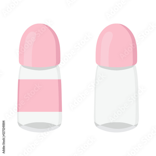 Roll-on deodorant icon. A pink and white roll-on deodorant bottle on a blue background. Used for personal hygiene, odor protection, and freshness.