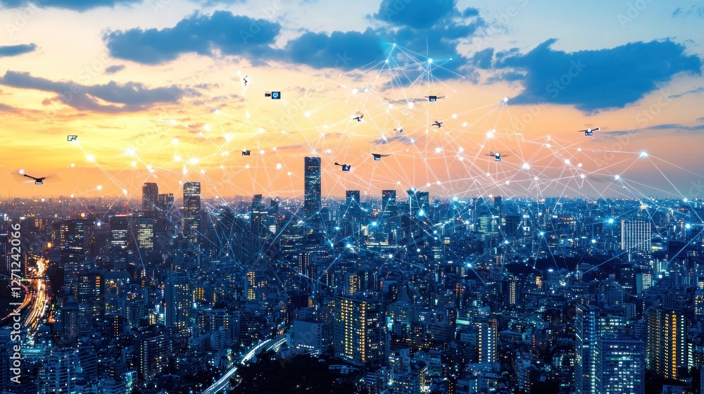Fototapeta premium Smart City Drone Delivery Network: A Futuristic Urban Landscape