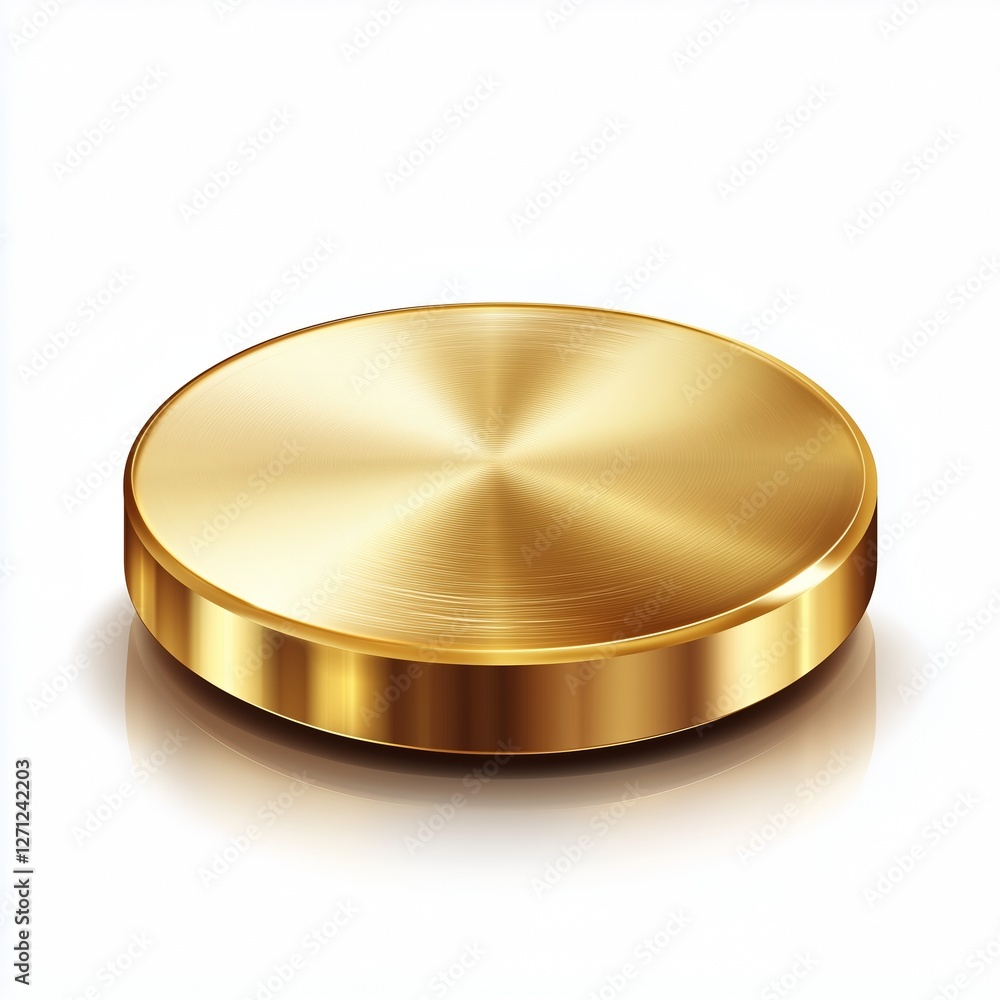 Realistic illustration of a golden metallic round platform with brushed texture, polished surface, subtle lighting, and sharp detailing, set against a clean white background. Realistic illustration of a golden metallic round platform with brushed texture, polished surface, subtle lighting, and sharp detailing, set against a clean white background.