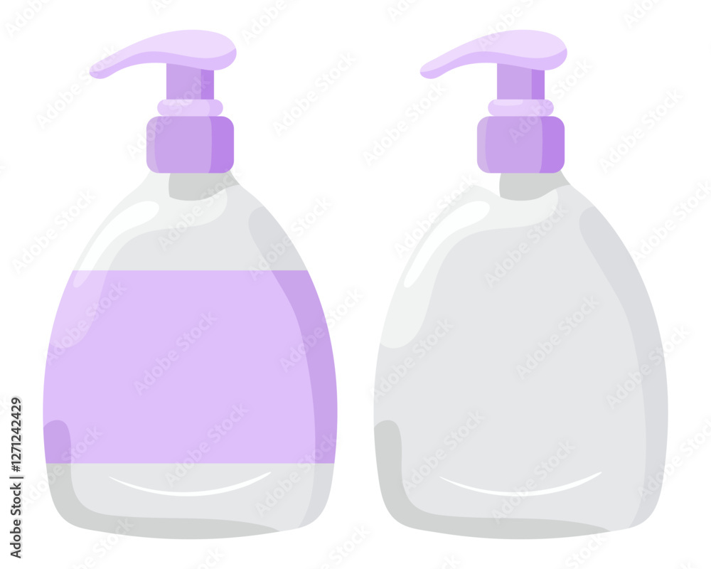 Hygiene set icon. Two soap dispensers, one with liquid soap and one empty. Used for handwashing and cleanliness. Hygiene set icon. Two soap dispensers, one with liquid soap and one empty. Used for handwashing and cleanliness.