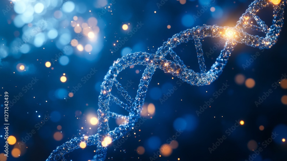 Double helix DNA structure, with a close-up view on a dark blue background Double helix DNA structure, with a close-up view on a dark blue background