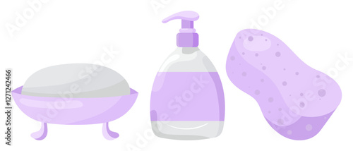 Skincare set icon. Soap in a dish, sponge, and liquid soap dispenser in purple tones. Used for personal hygiene and self-care.