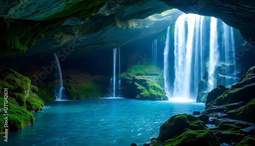 A serene underground cave with stunning waterfalls cascading down rocky cliffs. The water glistens in shades of blue, reflecting the light filtering in from above. Lush green moss covers the stones, a