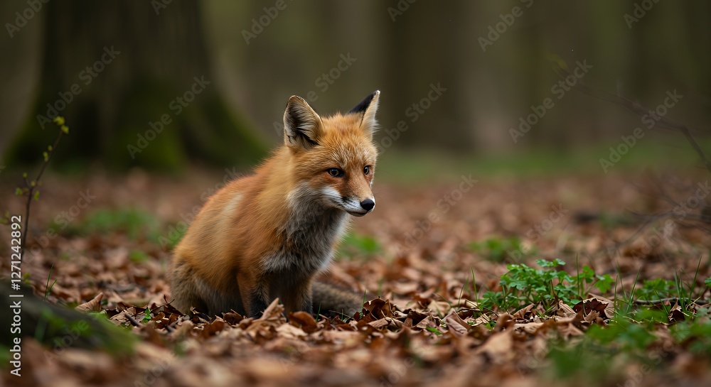 Red Fox Sitting Alert in Autumn Forest on Bed of Leaves Red Fox Sitting Alert in Autumn Forest on Bed of Leaves